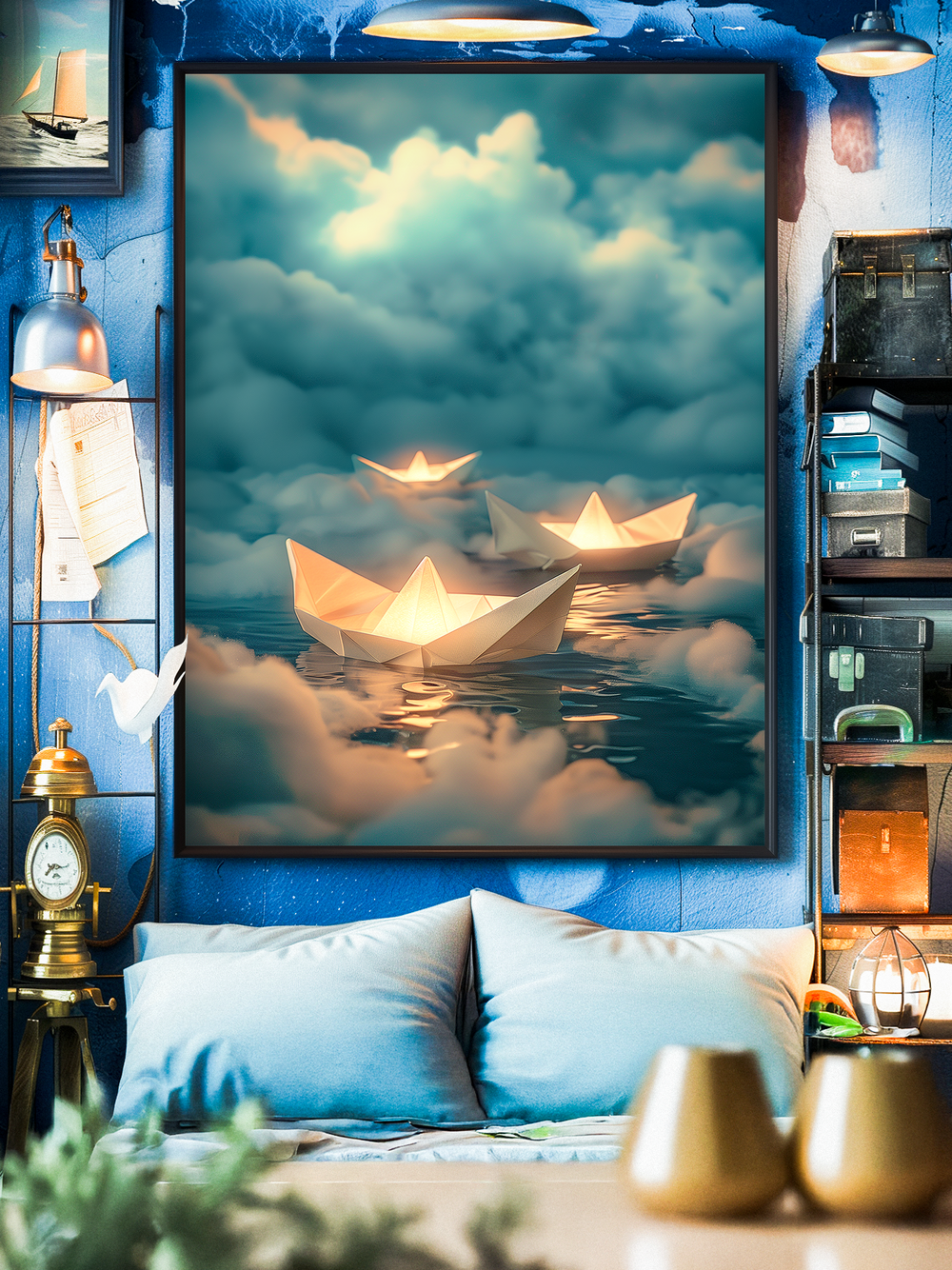 A surreal wall art poster showing glowing paper boats floating across dreamy clouds and calm waters, framed in a cozy blue interior with vintage decor, bookshelves, and warm ambient lighting.