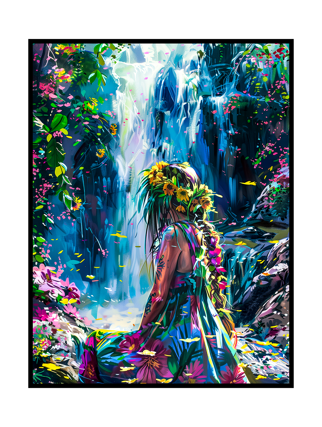 Vivid fantasy artwork showing a woman from behind wearing a flowing floral dress and a crown of flowers, standing before a cascading waterfall surrounded by lush vegetation and colorful blossoms. The scene blends painterly textures, vibrant colors, and a serene, dreamlike atmosphere that evokes nature, escape, and quiet contemplation.