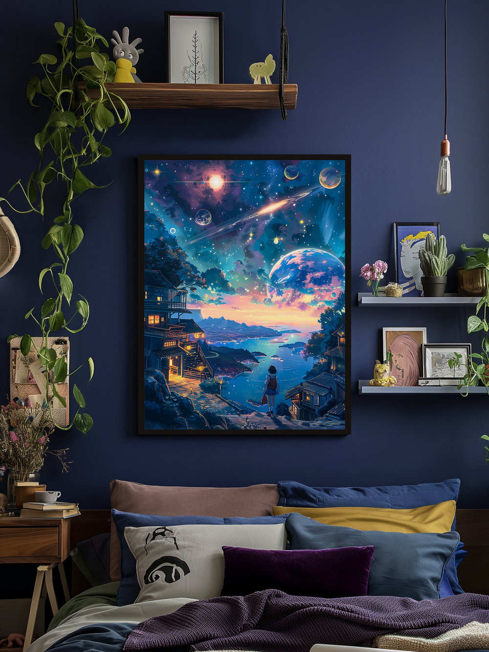 A vibrant sci-fi poster featuring a girl gazing at a glowing alien sky with planets and comets hangs in a black minimalist frame on a deep blue wall. The cozy bedroom is decorated with layered pillows in mustard, navy, and plum tones, wooden shelves with plants and figurines, and soft ambient lighting, creating a creative and relaxed atmosphere.