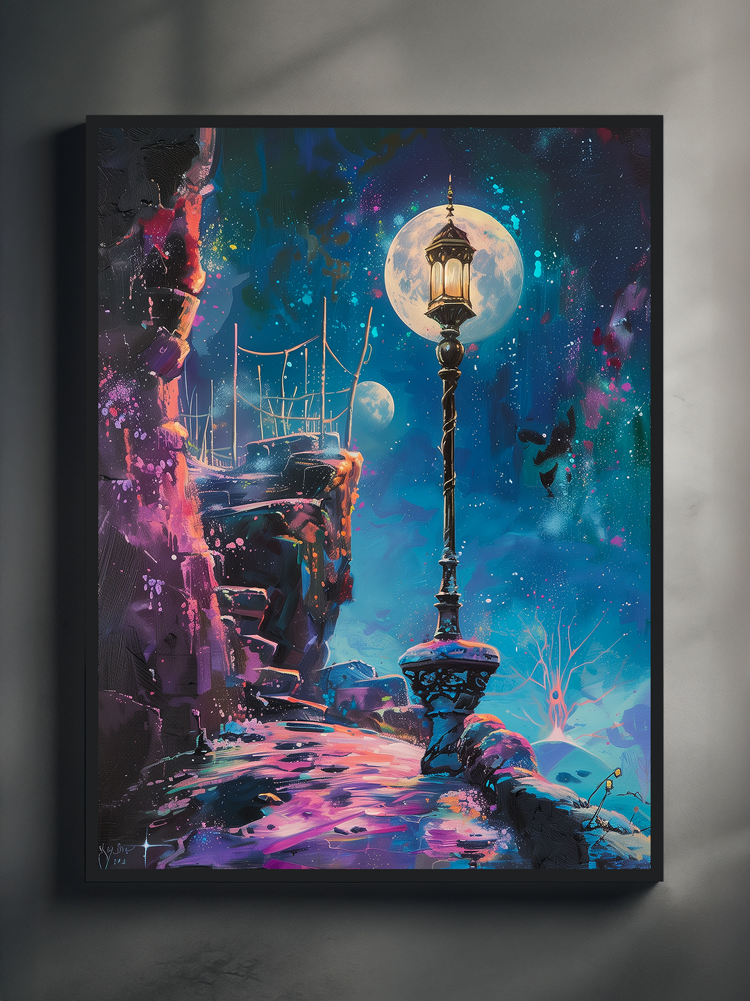 Colorful fantasy night scene showing a glowing streetlamp under a bright full moon, painted in neon blues and purples with cosmic stars, cliffs, and dreamy atmosphere.