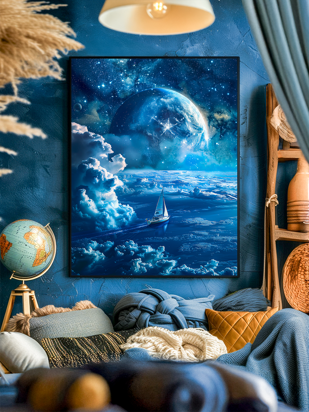 A framed poster of a surreal sailing scene under a cosmic sky with a glowing planet hangs on a dark blue textured wall. The room features a cozy setup with plush pillows, blankets, a globe on a wooden stand, and natural materials like wicker baskets and woven fabrics. Soft lighting and decorative elements create a warm, inviting atmosphere that perfectly complements the oceanic and celestial tones of the artwork.