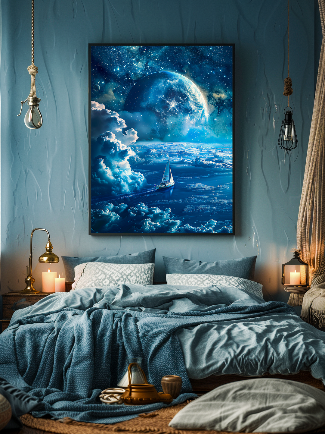 A softly lit, cozy bedroom with boho-style elements and an ocean-inspired atmosphere. Centered above a bed with layered blue blankets and pillows hangs a framed poster in a minimalist black frame, showing a sailboat drifting through cosmic clouds under a glowing planet. The wall is painted in a textured mid-blue tone. Warm lighting from vintage lamps and candles on bedside tables adds a serene, infinite nighttime feel, complemented by hanging lightbulbs and woven textures that enhance the dreamy ambiance.