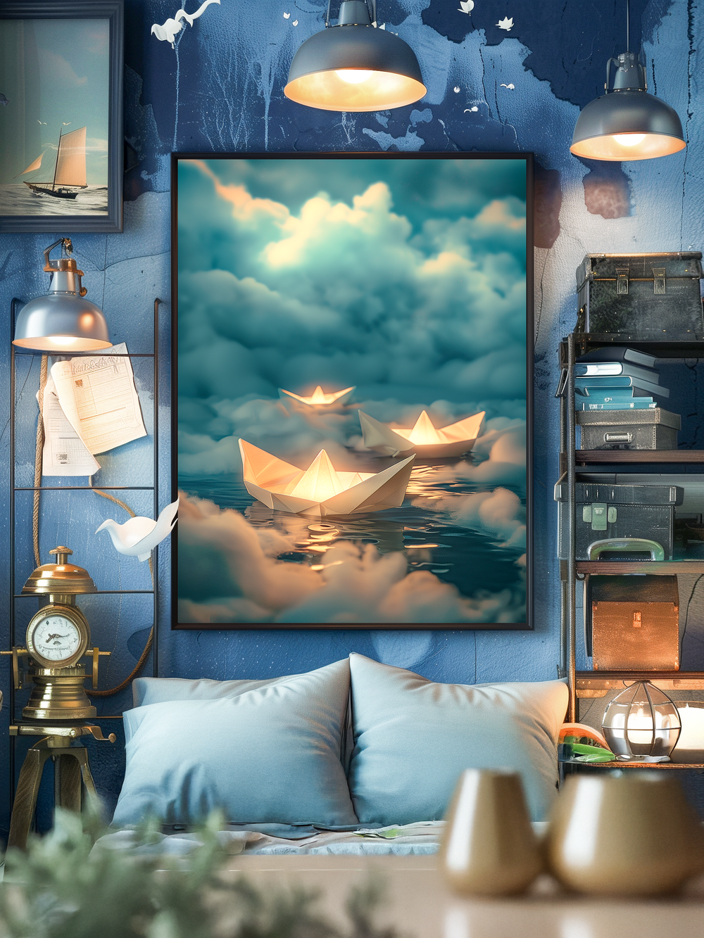 Calming wall art featuring illuminated paper boats floating on a tranquil ocean with fluffy clouds, displayed in a nautical-style living room with blue walls, vintage accents, and warm lighting for a cozy coastal vibe.