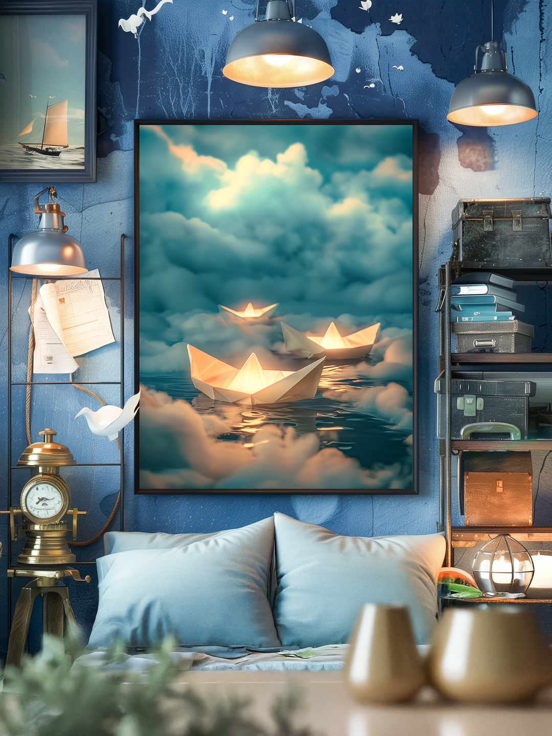 Calming wall art featuring illuminated paper boats floating on a tranquil ocean with fluffy clouds, displayed in a nautical-style living room with blue walls, vintage accents, and warm lighting for a cozy coastal vibe.