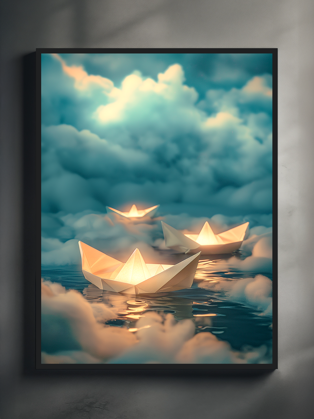 A whimsical digital artwork of glowing paper boats drifting across a serene cloud-filled ocean under a dreamy blue sky. The scene combines soft light, surreal clouds, and calm reflections to create a peaceful, imaginative atmosphere.
