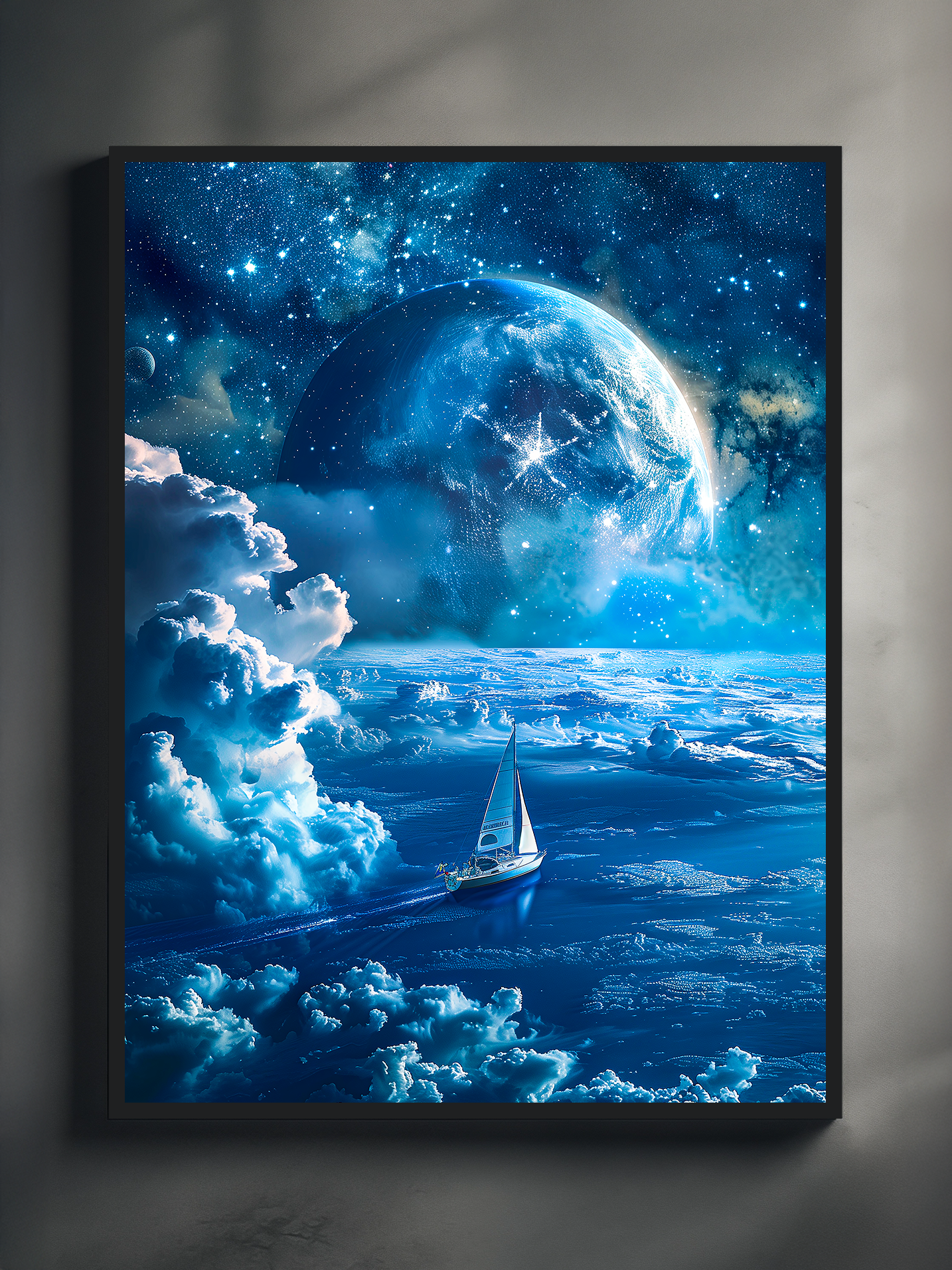 Surreal fantasy wall art featuring a lone sailboat gliding across a glowing blue ocean under a star filled galaxy sky with a massive planet rising above the clouds.