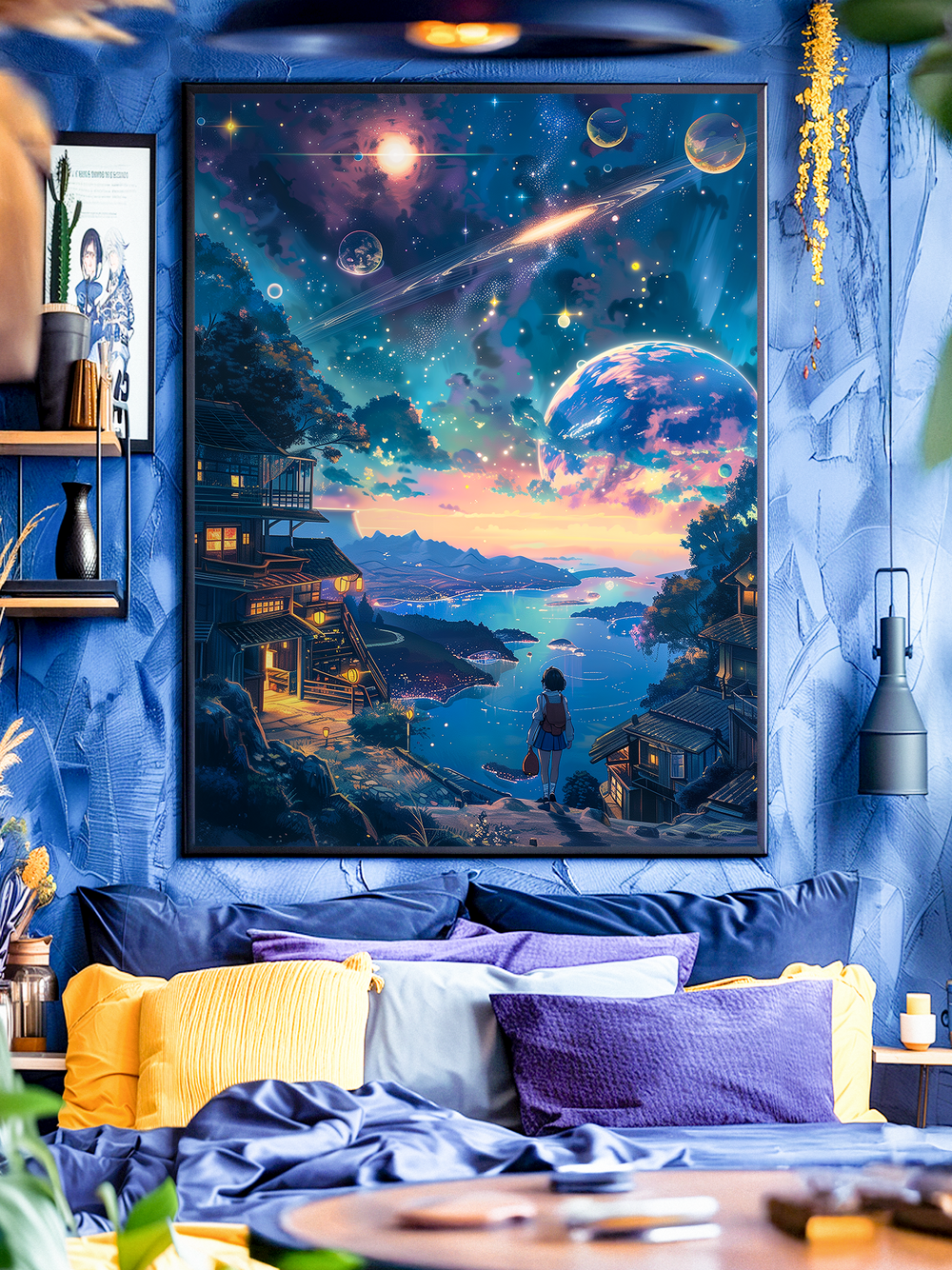 A framed poster of a cosmic landscape with planets, stars, and a glowing night sky hangs above a modern bed with blue and yellow pillows. The room has a dreamy, futuristic ambiance with cozy details like shelves, plants, and artistic decor. The artwork features a figure gazing toward a glowing planet and starry universe, blending fantasy and sci-fi aesthetics for an immersive wall art display.