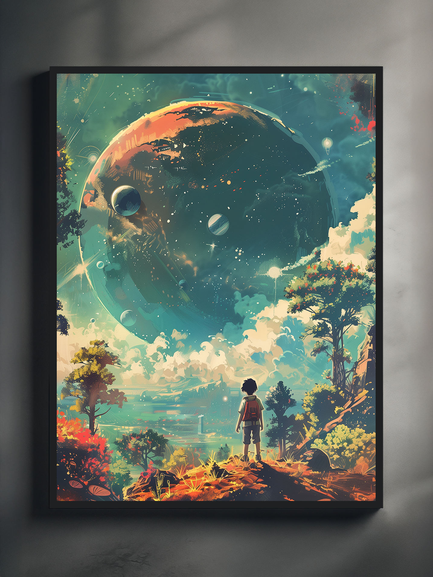 Colorful surreal space artwork showing a child standing on a hill surrounded by vibrant nature, gazing at a massive planet and moons floating in a teal sky.