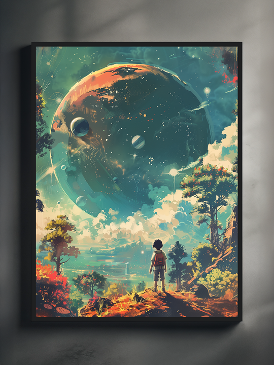 Colorful surreal space artwork showing a child standing on a hill surrounded by vibrant nature, gazing at a massive planet and moons floating in a teal sky.