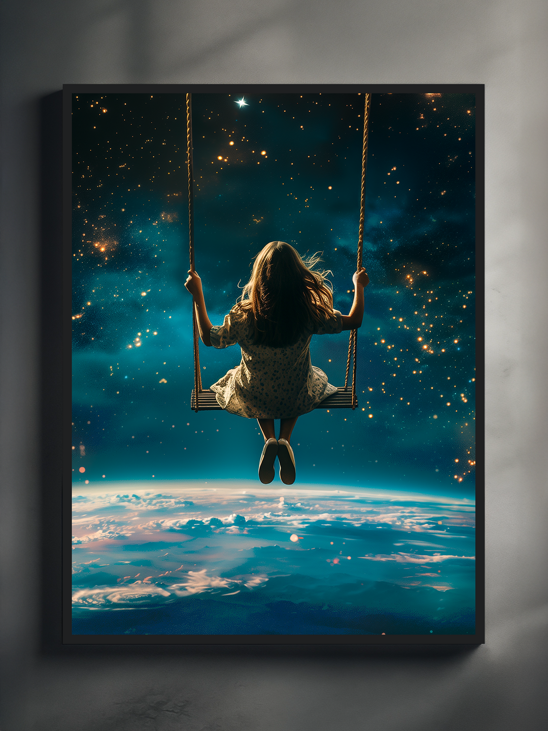 Framed poster showing a dreamy illustration of a girl on a swing floating in space above Earth, surrounded by glowing stars, mounted on a light gray wall with soft shadows, creating a magical and imaginative atmosphere with cosmic serenity.