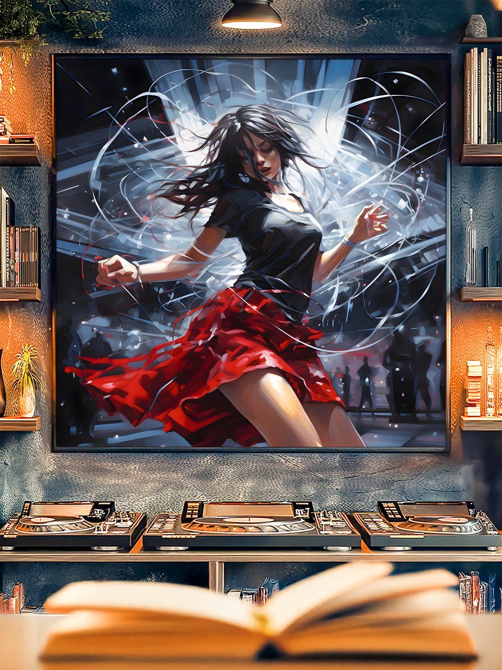 Striking artwork showing a woman dancing with flowing hair and a vivid red skirt, surrounded by glowing futuristic energy lines and abstract light effects. The scene features a dark background with silhouettes of people, giving the impression of a lively nightclub or concert. Displayed in a stylish room with bookshelves, turntables, and a spotlight above the poster, the design blends movement, music, and modern energy in a bold centerpiece.