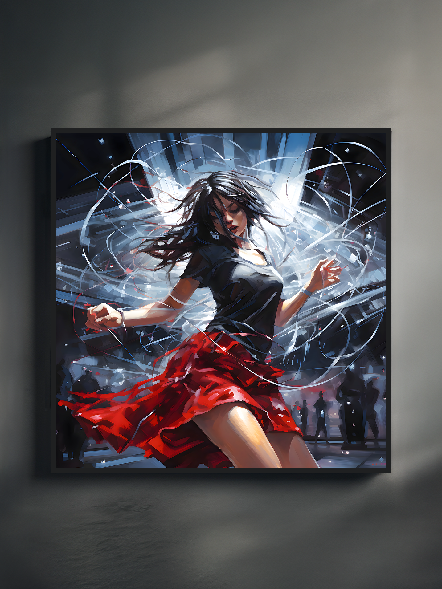 Square digital poster showing a young woman dancing with vibrant energy, surrounded by swirling light effects and a dramatic red skirt, set against a dark, club-like background.