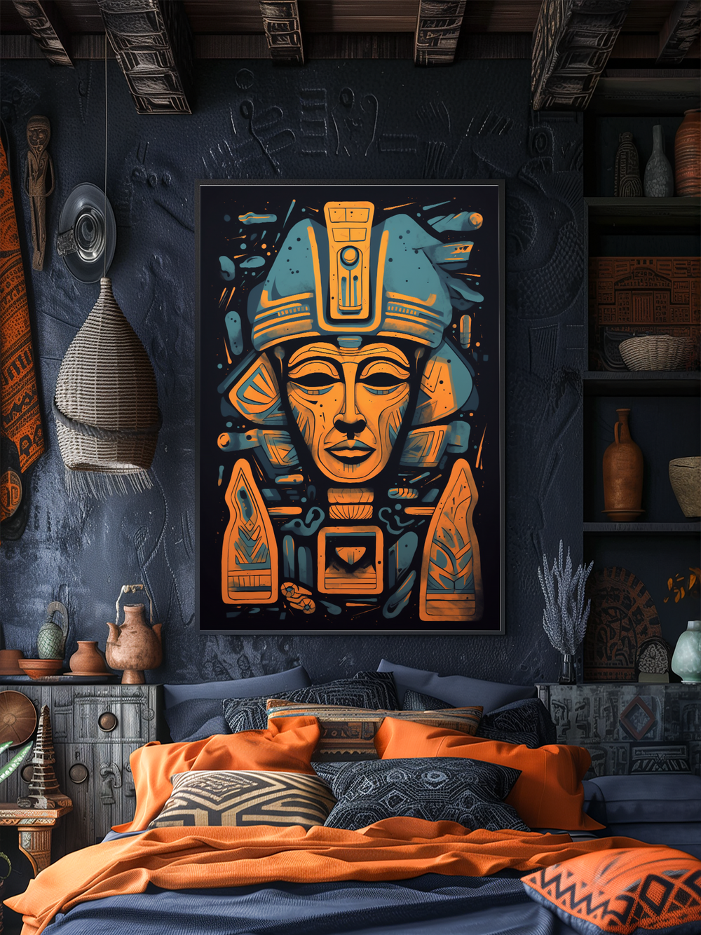 A richly decorated bedroom with dark textured walls featuring carved patterns and a large framed artwork in orange and blue tones depicting an Egyptian pharaoh with Mayan influences. The bed is layered with orange and blue patterned bedding and cushions, surrounded by rustic shelves filled with pottery, baskets, and artifacts. Warm ambient lighting and natural woven elements create a cozy, lived-in atmosphere with strong cultural themes.