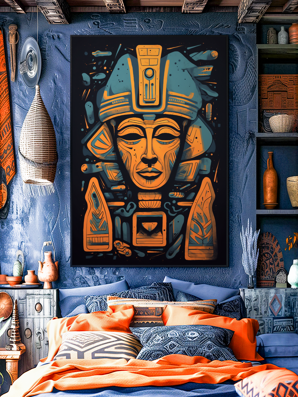 Vibrant wall art depicting a stylized Egyptian pharaoh mask in bold orange and turquoise tones on a dark background. The artwork is framed in a thin black frame and displayed in a bedroom with deep blue textured walls, shelves decorated with pottery, woven baskets, and tribal elements. The bed features colorful patterned pillows and orange blankets, creating a warm contrast that highlights the ancient Egyptian-inspired poster as the centerpiece.