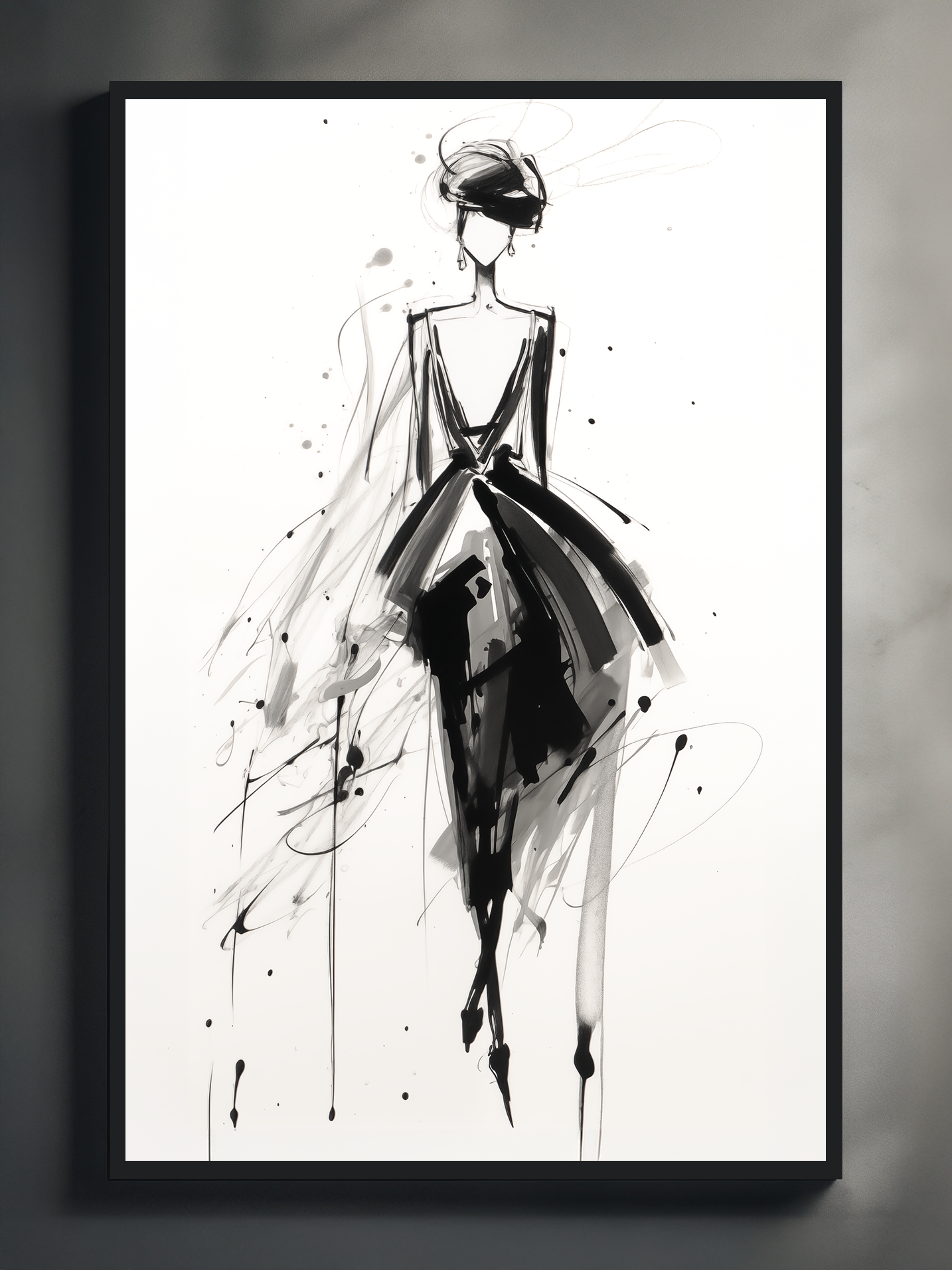 A high-contrast fashion illustration poster featuring a stylized female figure in an elegant black dress, created with expressive ink strokes. The artwork is framed in black and displayed against a soft gray backdrop, emphasizing the dynamic movement and minimalism of the design.