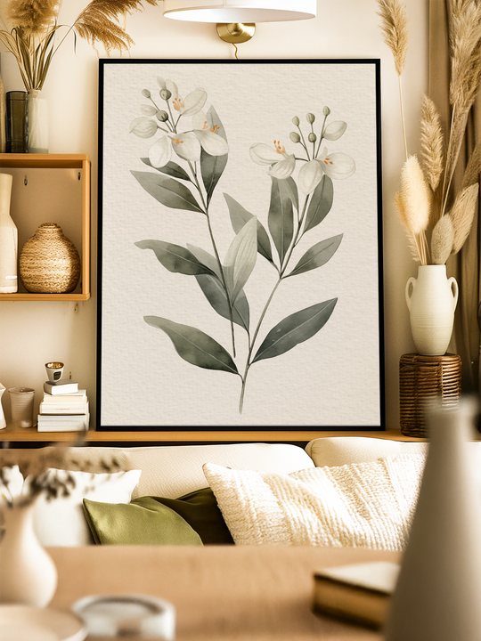 Framed poster showcasing soft green leaves and delicate white flowers, displayed above a cozy white sofa with textured cushions, wooden accents, dried plants, and warm natural light for a serene atmosphere.