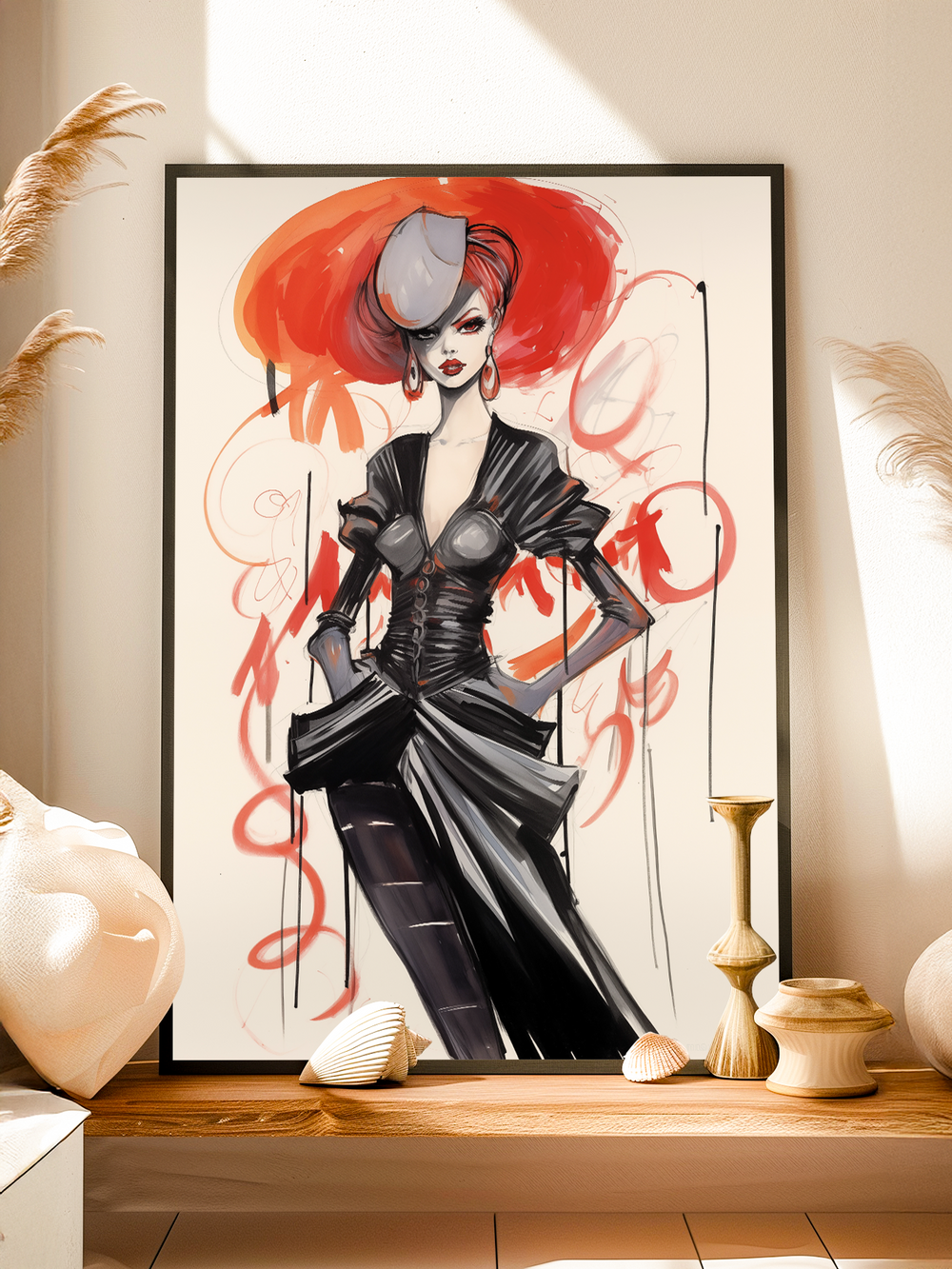 A bold fashion artwork of a stylish woman in a black structured outfit with a corset top and asymmetrical skirt. She wears a dramatic red hat with a white accent and statement earrings. The piece is accented by expressive red brushstrokes on a white background and is displayed on a wooden shelf with decorative vases and natural tones.