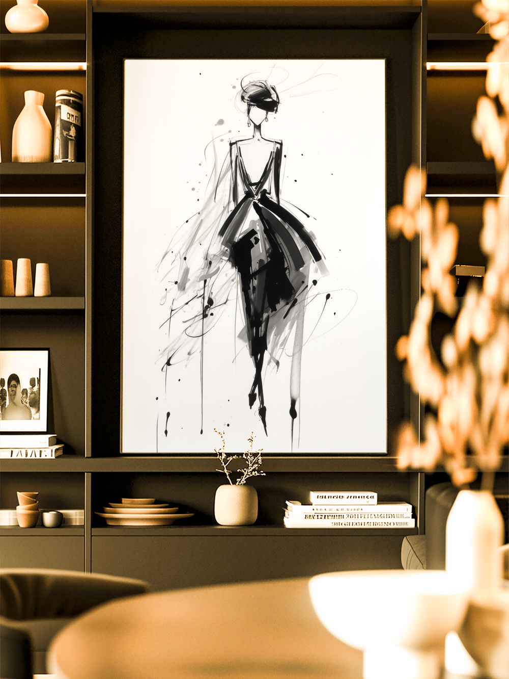 A minimalist art print featuring a black ink fashion illustration of a woman in an elegant evening dress with delicate brush strokes and fluid lines. The framed artwork is displayed in a modern living room with warm lighting, wooden shelves, decorative vases, and books, creating a sophisticated and stylish interior atmosphere.