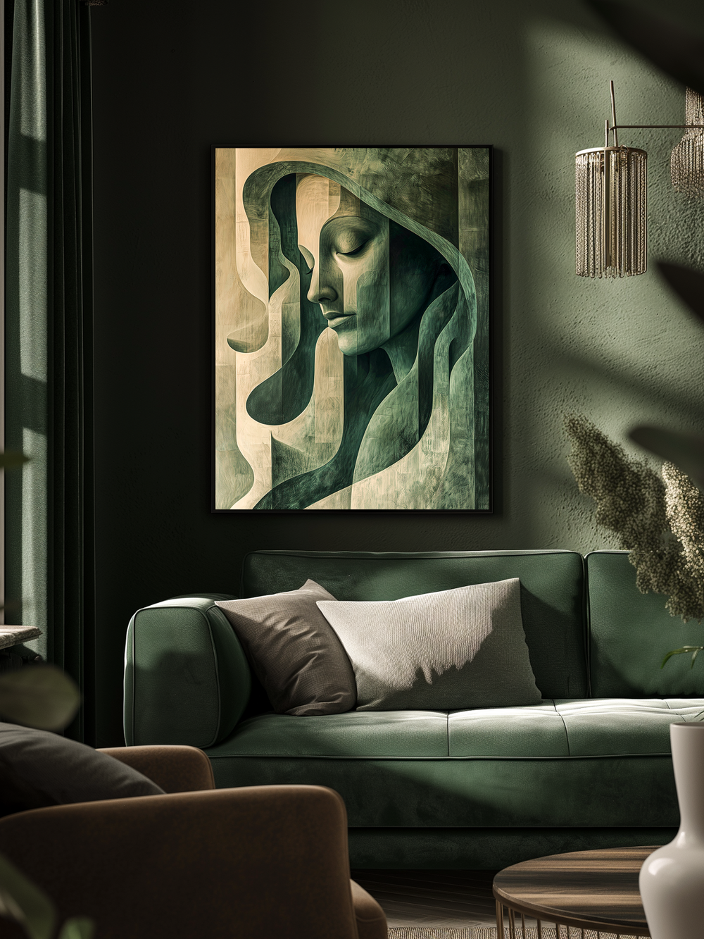 A stylish abstract painting of a woman’s face in green tones hangs on a dark green wall above a matching green velvet sofa. The cozy interior features soft pillows, natural light, and modern decor, creating a warm, sophisticated atmosphere perfect for a contemporary home.