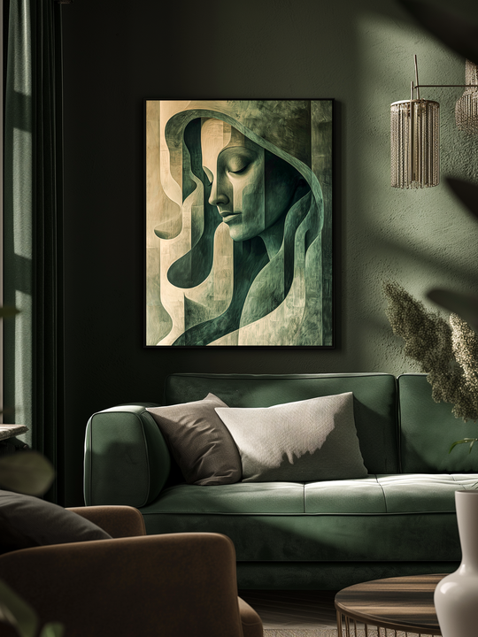 A stylish abstract painting of a woman’s face in green tones hangs on a dark green wall above a matching green velvet sofa. The cozy interior features soft pillows, natural light, and modern decor, creating a warm, sophisticated atmosphere perfect for a contemporary home.