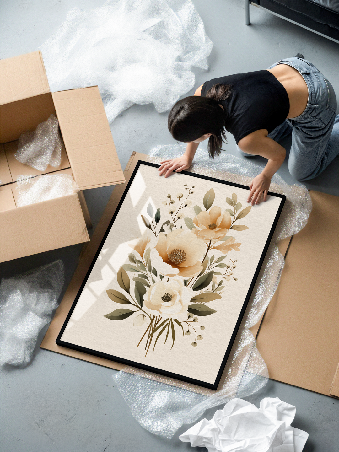 A soft neutral floral artwork featuring delicate beige and cream blossoms surrounded by muted green leaves, arranged in a refined botanical composition. The print is displayed in a sleek black aluminum frame with shatterproof plexiglass and printed on premium 200 gsm matte museum-quality paper for crisp detail, natural texture, and long-lasting color. A calming, timeless piece ideal for modern interiors, bedrooms, and living spaces seeking elegant botanical wall decor.