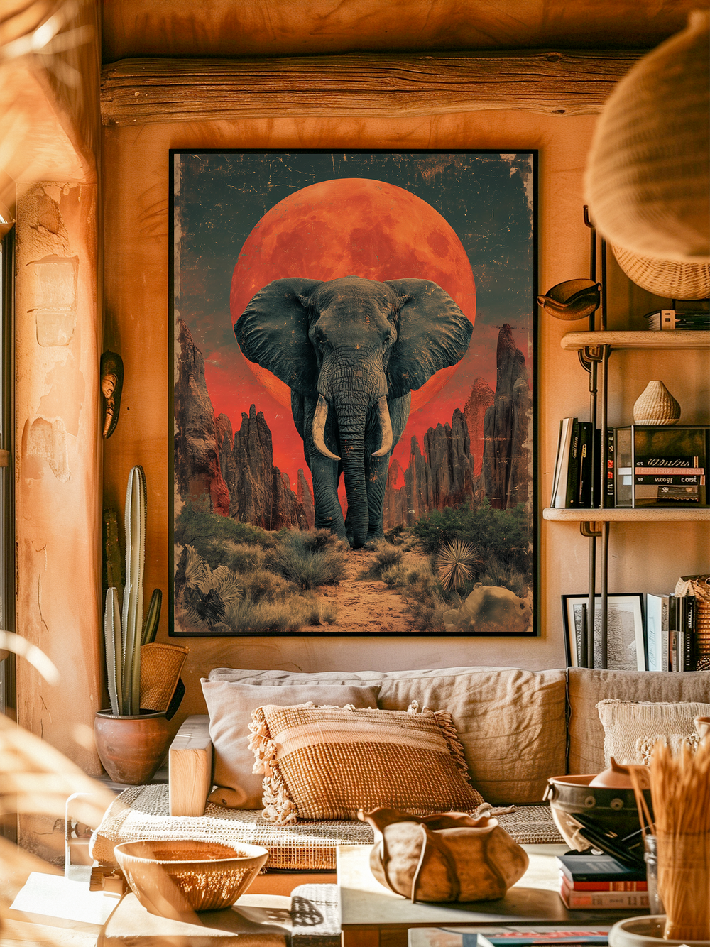 Framed artwork of an elephant walking toward the viewer with a large red sun and desert landscape in the background, hanging on a warm-toned, bohemian-style living room wall with earthy decor, cacti, bookshelves, neutral sofa with textured pillows, and a cozy coffee table arrangement.