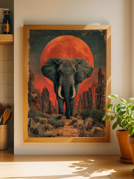 Framed artwork featuring a majestic elephant walking through a desert path surrounded by cacti and rock formations, with a dramatic red full moon rising in the background, blending wildlife and surreal fantasy elements.