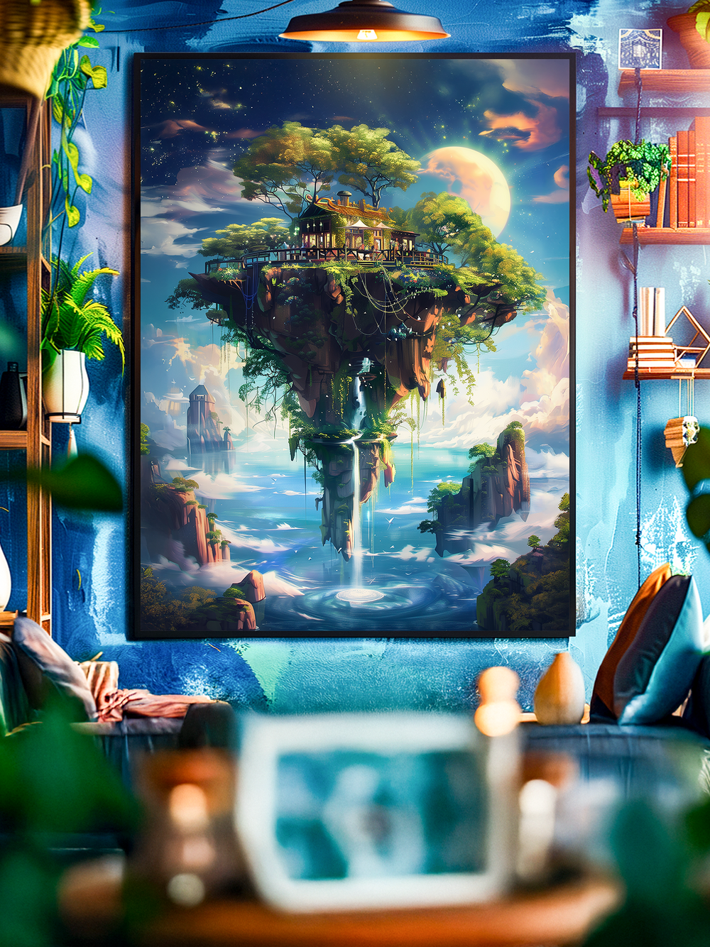 A fantasy wall art poster featuring a lush floating island with glowing trees and a temple-like structure, suspended above dreamy clouds and illuminated by a bright full moon. Displayed in a cozy living room with shelves, plants, books, and warm lighting, the artwork blends Studio Ghibli-inspired magic with retrofuturistic fantasy design, creating an imaginative and enchanting atmosphere.