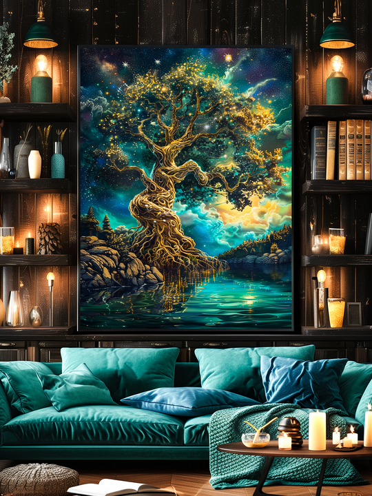 Stunning wall art of a luminous, magical tree with golden branches against a starry night sky, reflected in a tranquil lake, showcased in an elegant living room with teal sofa, cozy pillows, bookshelves, warm lighting, and decorative accents for a sophisticated and inviting atmosphere.