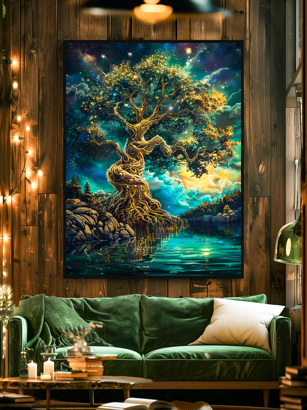 Captivating wall art of a glowing magical tree with golden branches under a star-filled night sky, mirrored in a serene lake, displayed in a cozy rustic living room with rich green velvet sofa, wooden walls, fairy lights, and soft ambient lighting for an inviting magical atmosphere.