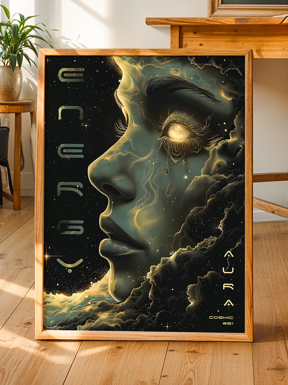 Framed sci-fi poster showing a glowing female face made of stardust and cosmic clouds, leaning an interior wall on a wooden floor. The surreal design is highlighted by soft daylight, surrounded by minimalist wooden furniture and a potted plant for a natural-modern contrast.