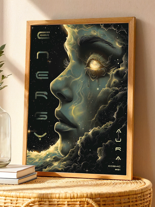 Sci-fi inspired artwork of a glowing female profile surrounded by cosmic clouds, placed in a light wood frame. The poster leans on a woven surface with soft daylight and decorative objects, creating a modern, serene interior setting.