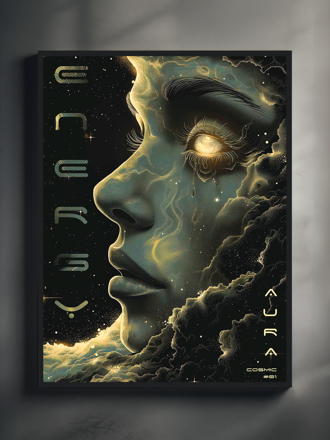 Futuristic poster showing a glowing cosmic female face in profile, framed in black and mounted on a neutral wall. The surreal design features galactic elements and digital typography, creating a modern sci-fi aesthetic with strong visual impact.