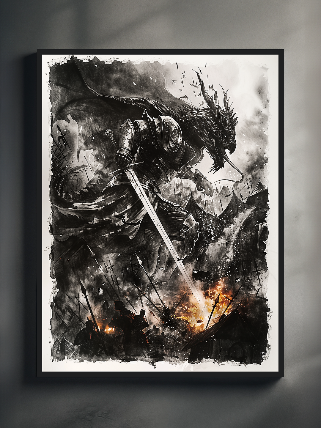Monochrome fantasy illustration showing a brave knight facing a fierce dragon amid fire and smoke. The detailed brushwork and dramatic contrast capture the intensity of an epic medieval battle scene, symbolizing courage and power.