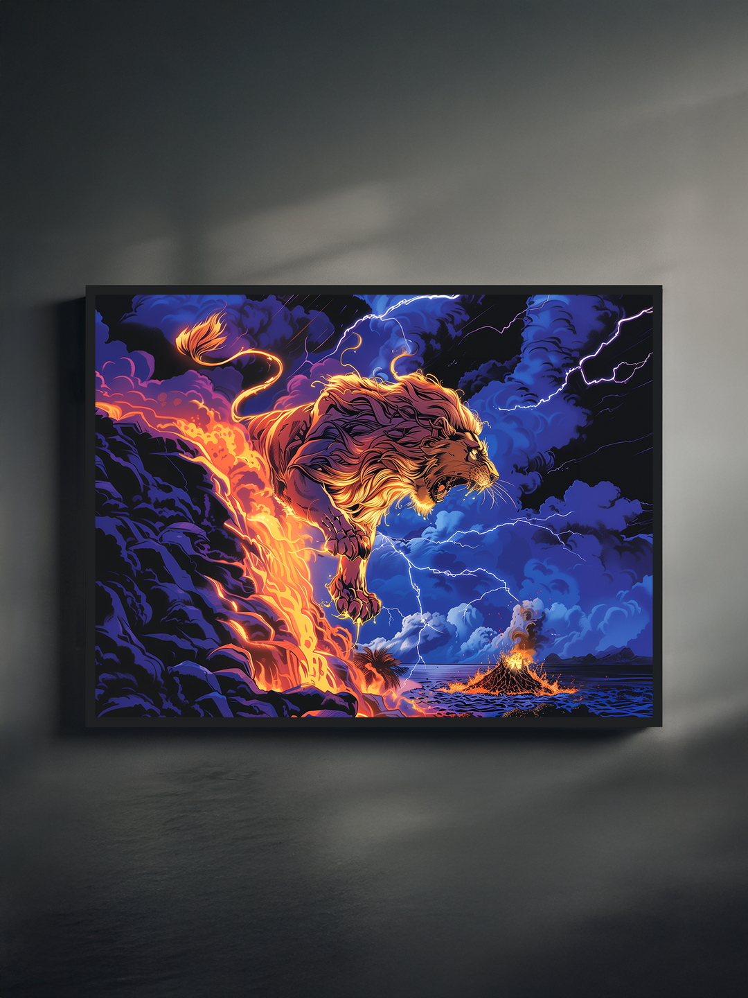 High-contrast fantasy artwork featuring a majestic lion formed from flames and lightning, emerging from volcanic clouds over a stormy sea. The vivid color palette blends deep blues, electric purples, and fiery oranges for a dramatic, mythological effect. Displayed in a sleek black frame against a neutral background, perfect for bold statement walls and fantasy art collections.