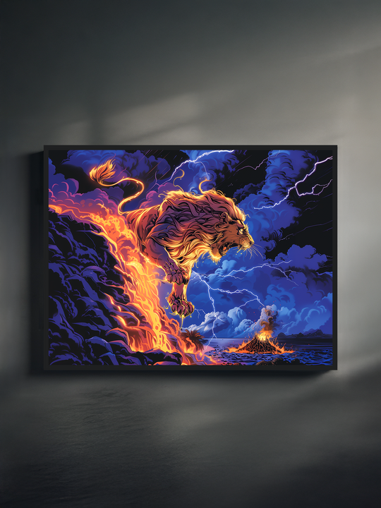 High-contrast fantasy artwork featuring a majestic lion formed from flames and lightning, emerging from volcanic clouds over a stormy sea. The vivid color palette blends deep blues, electric purples, and fiery oranges for a dramatic, mythological effect. Displayed in a sleek black frame against a neutral background, perfect for bold statement walls and fantasy art collections.
