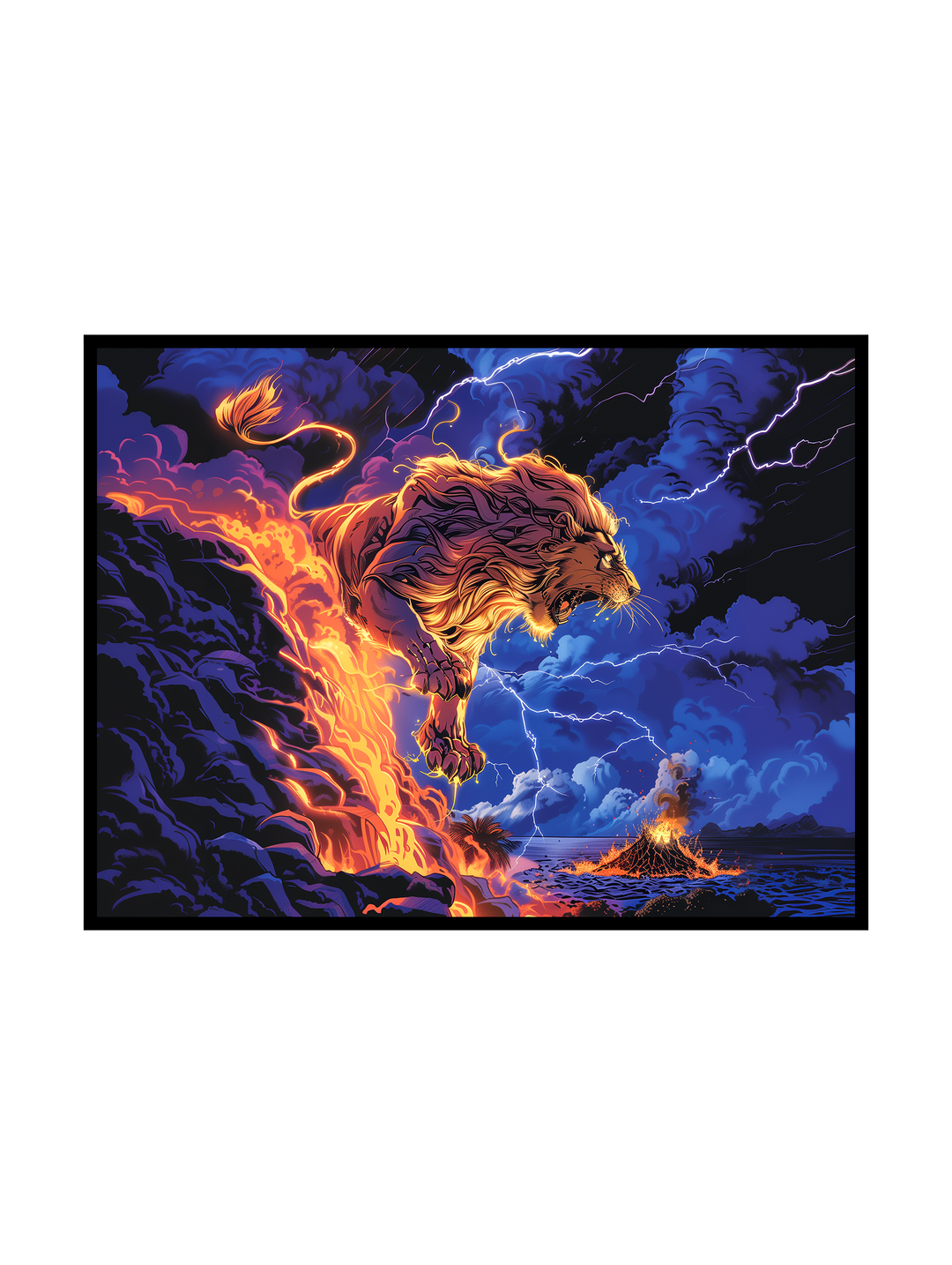 Powerful wall art poster depicting a majestic lion formed from fire and molten energy, leaping through dark storm clouds with lightning and volcanic elements in the background. Dramatic fantasy illustration with intense contrast between glowing flames and deep blue night tones, designed as bold statement wall art for modern interiors, creative spaces or game-inspired decor.