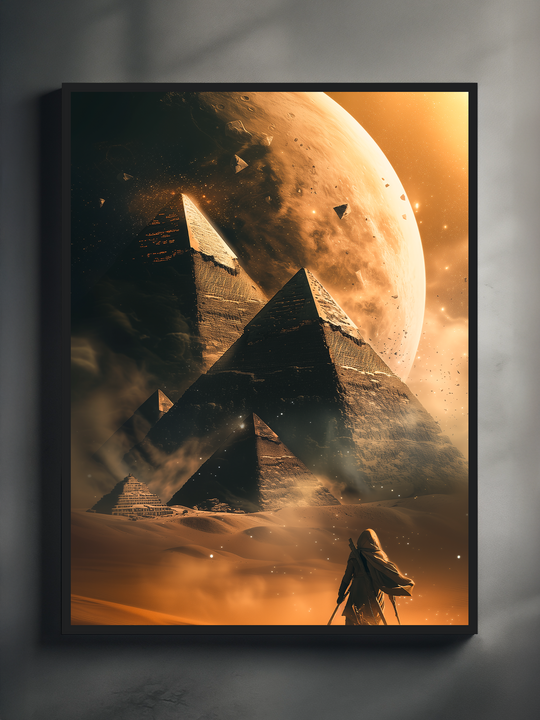 Futuristic desert scene featuring colossal Egyptian pyramids under a dramatic alien sky with a massive planet in the background and a lone cloaked figure in the foreground. Ideal for sci-fi wall art, pyramid-themed posters, and fantasy decor seekers searching for surreal cosmic landscapes with ancient architecture.