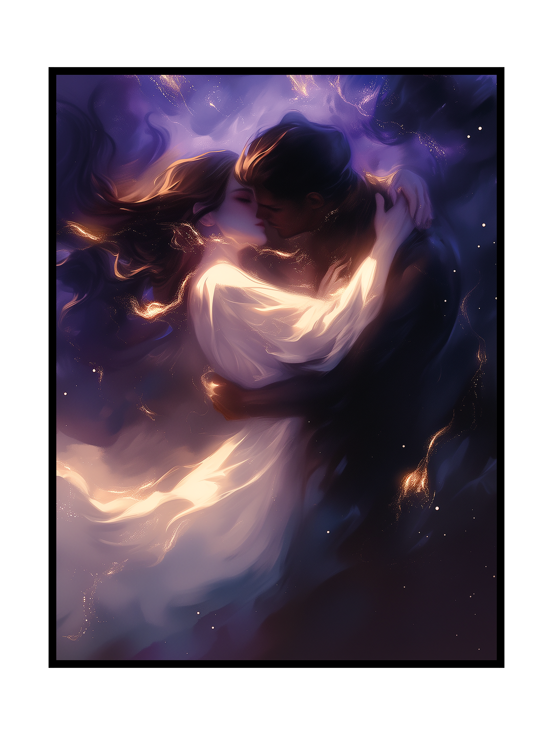 Romantic surreal artwork depicting two lovers embracing and kissing while floating in a glowing cosmic atmosphere, surrounded by soft starlight and flowing light textures, evoking deep connection, intimacy, and timeless love in a dreamlike universe.