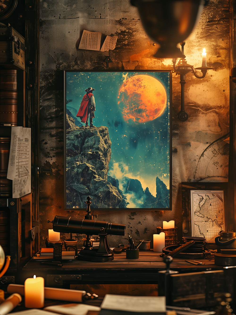 A realistic, warmly lit study room with dark textured walls featuring a centrally hung poster of a lone figure in a red cloak on a rocky cliff beneath an orange moon. The space is filled with explorer-themed details including candles, old books, maps, and a large brass telescope on a wooden desk. The scene has a moody, inviting atmosphere with layered decor that matches the poster’s teal and orange tones, creating depth with objects in the foreground, midground, and background for an cinematic look.