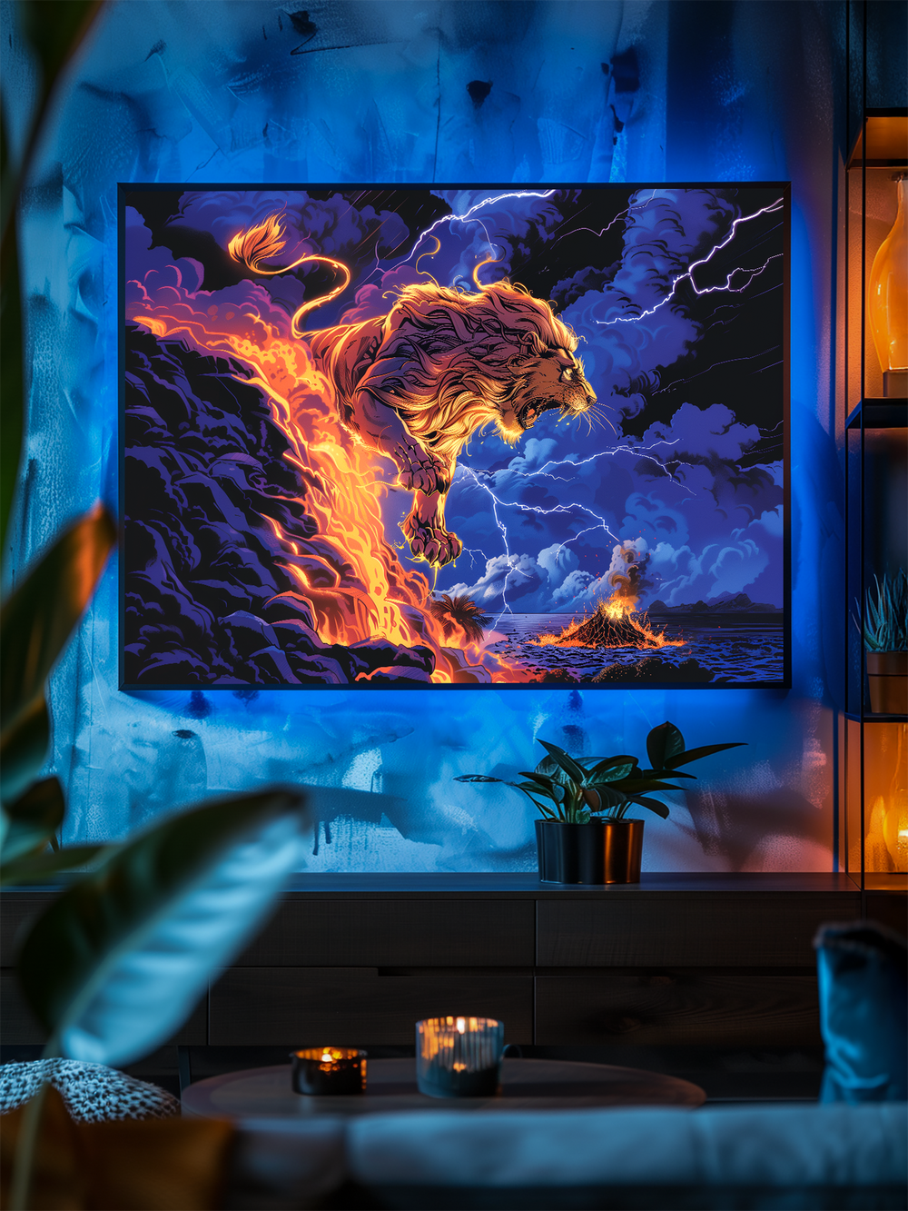 Bold volcanic lion artwork glowing in orange and blue tones hangs on a richly textured wall. Surrounded by realistic decor, including blurred plants in the foreground, candles on a round coffee table, and warm side lighting, the scene blends dramatic fantasy art with a cozy, immersive apartment atmosphere.