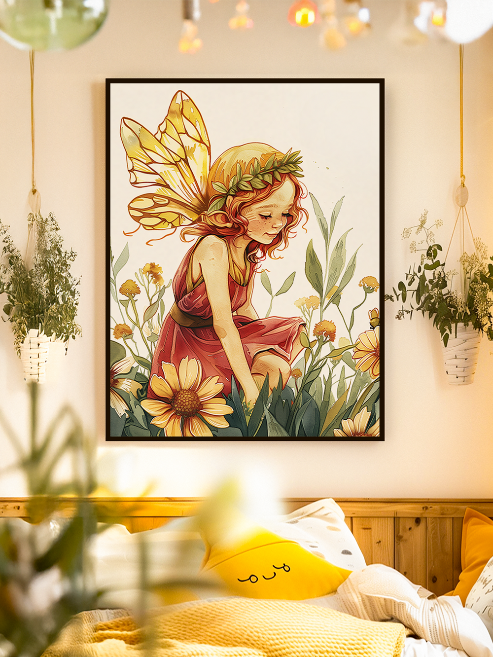 A framed artwork of a fairy girl with golden wings and a floral crown, surrounded by blooming yellow flowers, symbolizing fantasy, innocence, and nature’s beauty.