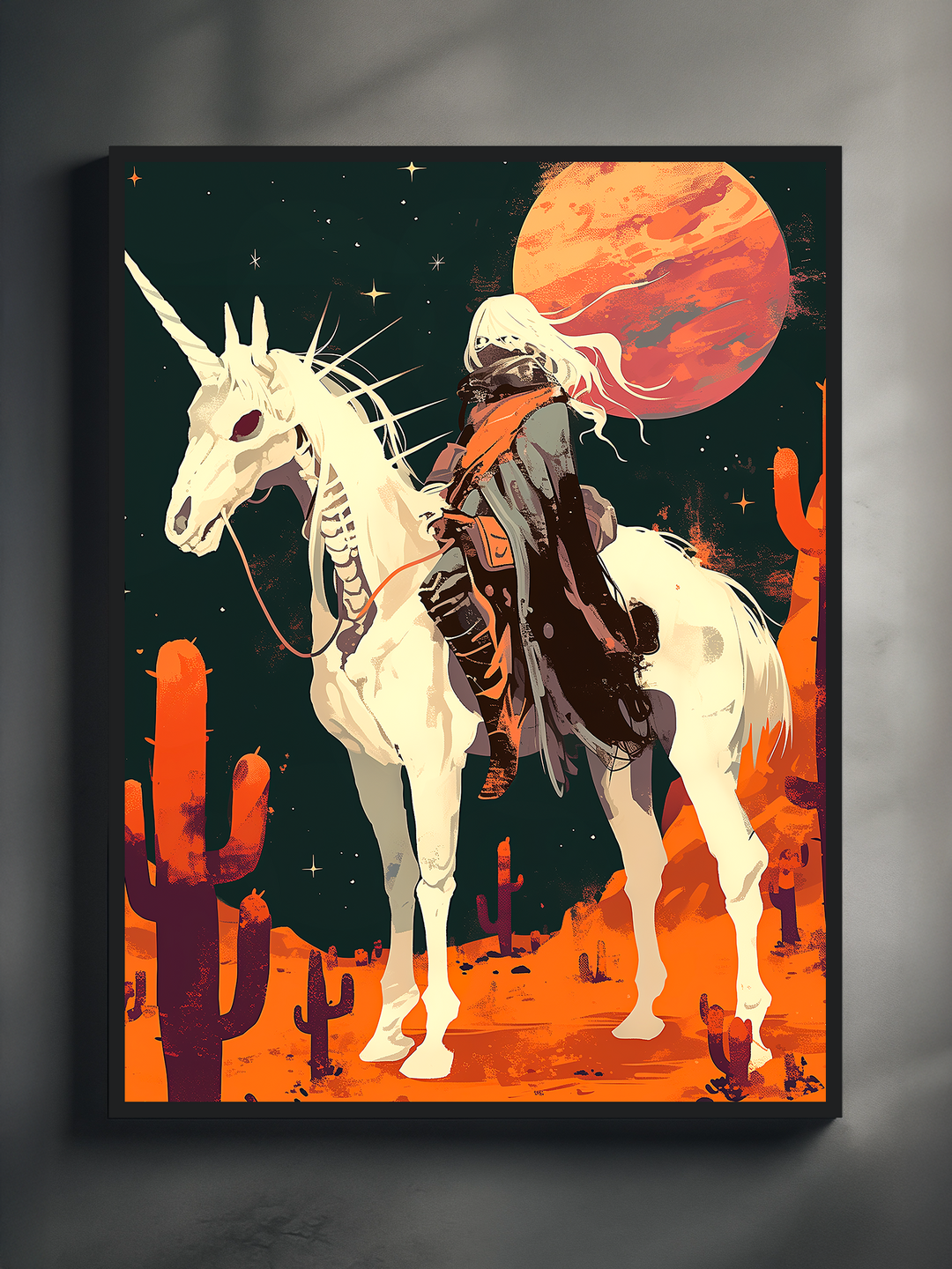 Stylized western fantasy wall art showing a cloaked rider with long white hair on a skeletal white horse under a red moon, surrounded by cacti in a desert night scene.