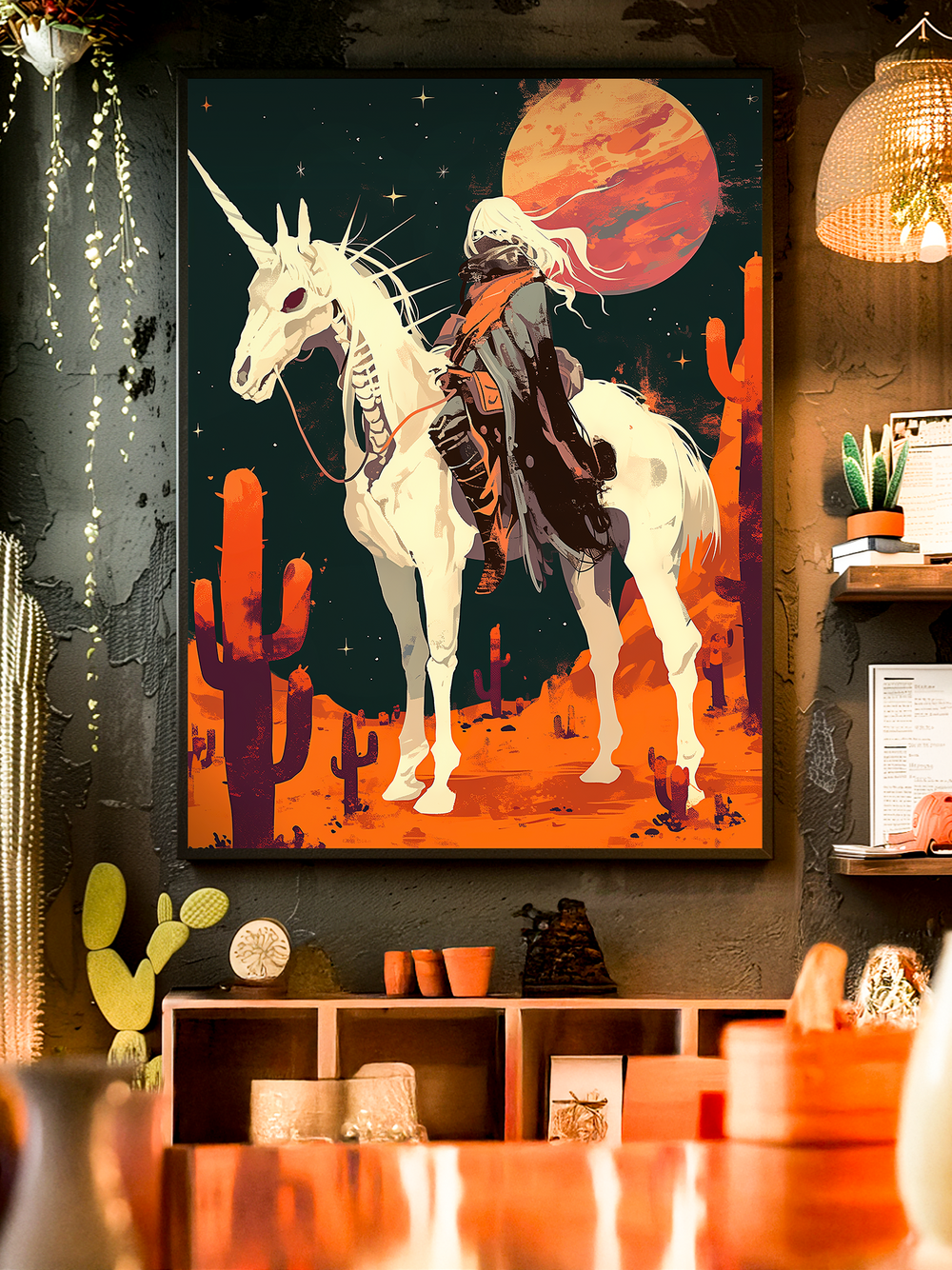 A striking fantasy wall art print featuring a mysterious cowboy figure with flowing hair riding a white unicorn through a glowing desert filled with cacti under a cosmic night sky and a vivid red-orange planet.