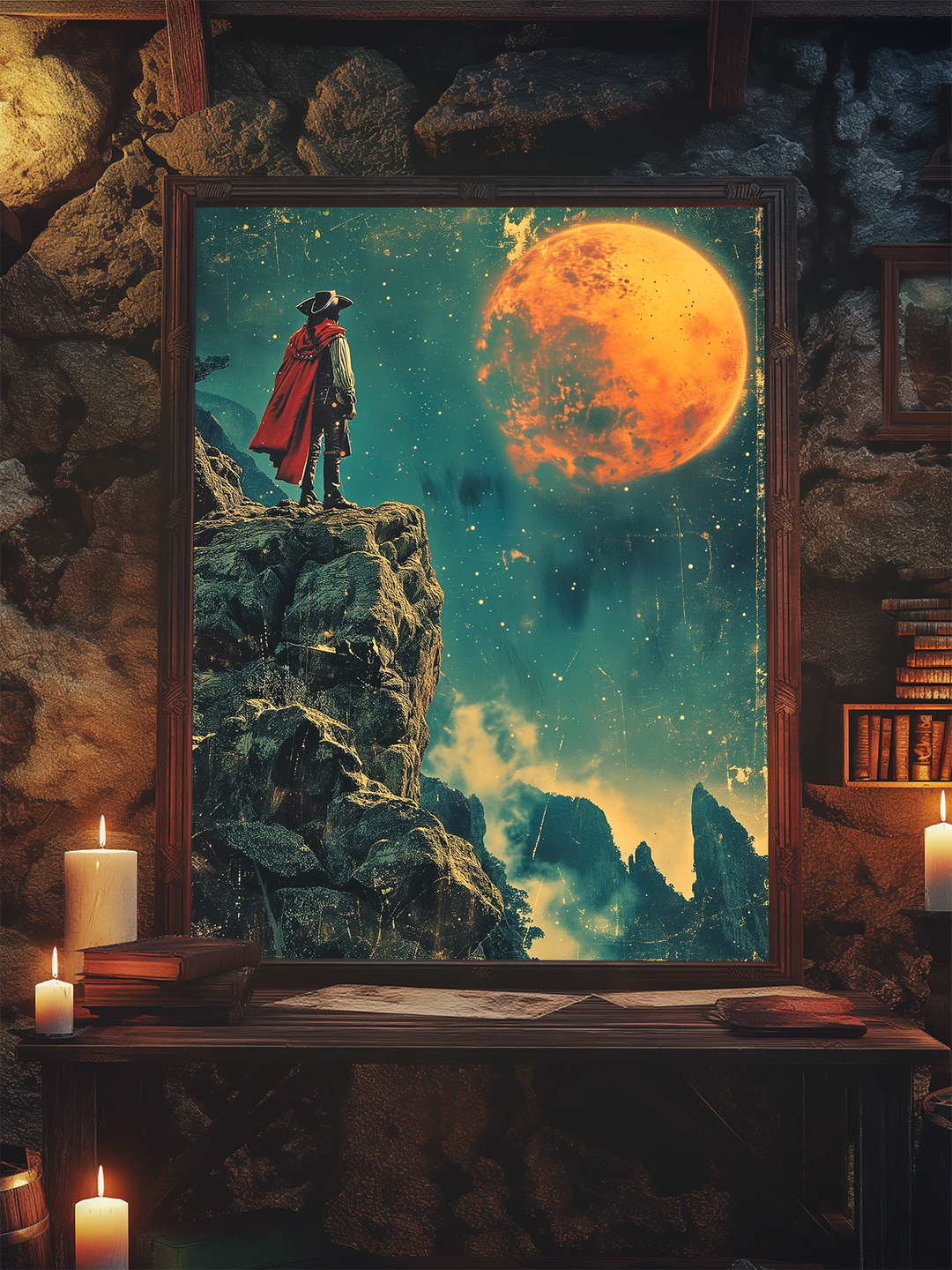 Framed artwork showing a lone figure in a red cloak standing on a rocky cliff under a glowing orange moon, placed in a rustic stone-walled room with candles, books, and a wooden desk, creating a mysterious and immersive fantasy setting.