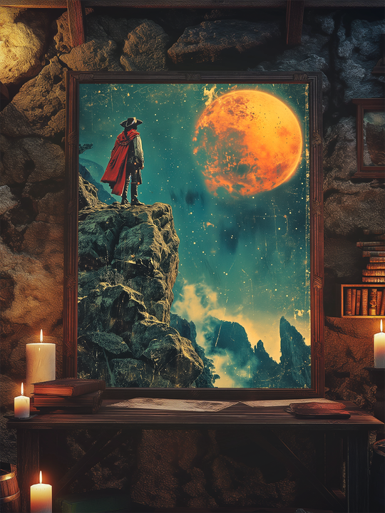 Framed artwork showing a lone figure in a red cloak standing on a rocky cliff under a glowing orange moon, placed in a rustic stone-walled room with candles, books, and a wooden desk, creating a mysterious and immersive fantasy setting.