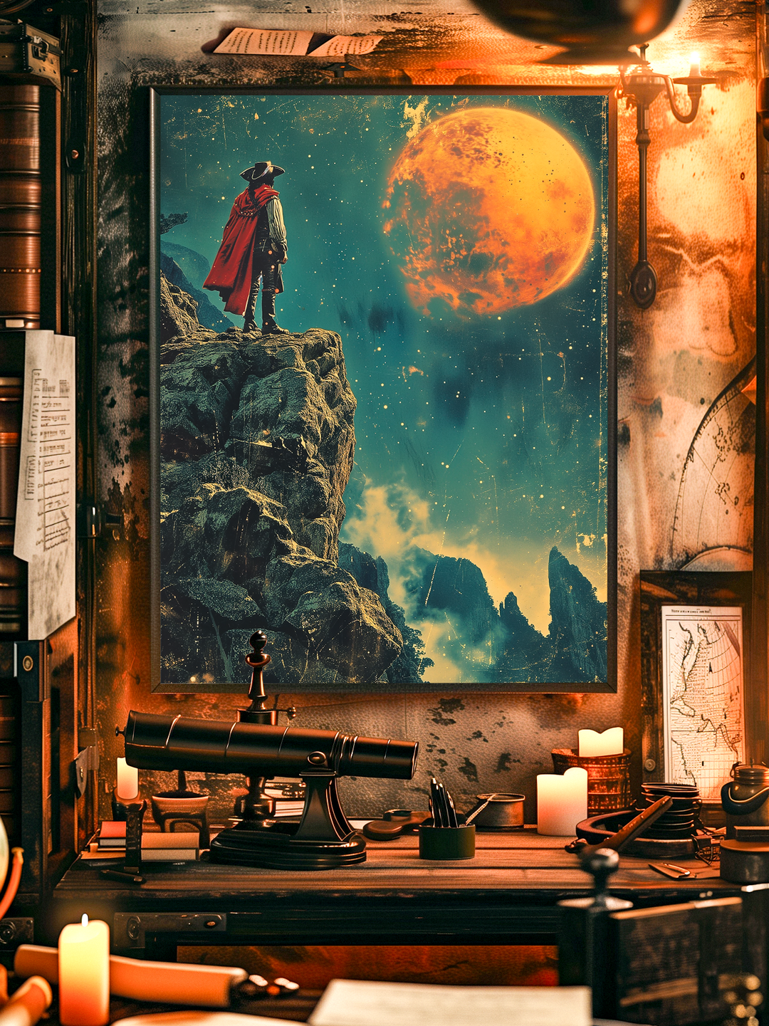Dramatic fantasy wall art depicting a lone explorer in a wide-brimmed hat and flowing red cape standing on a rocky cliff. He gazes into the cosmic sky where a glowing orange moon illuminates the scene. The artwork blends adventure, mystery, and surreal atmosphere, making it an eye-catching poster for fantasy lovers, dreamers, and cosmic explorers.