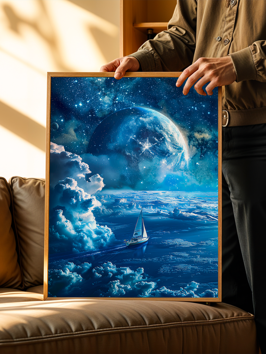 Surreal space-themed poster featuring a sailboat gliding through a celestial blue ocean under a massive glowing planet, held by a person above a leather sofa in a modern, cozy interior. The framed artwork blends dreamlike cosmic elements with nautical serenity, creating a striking visual perfect for imaginative wall decor.