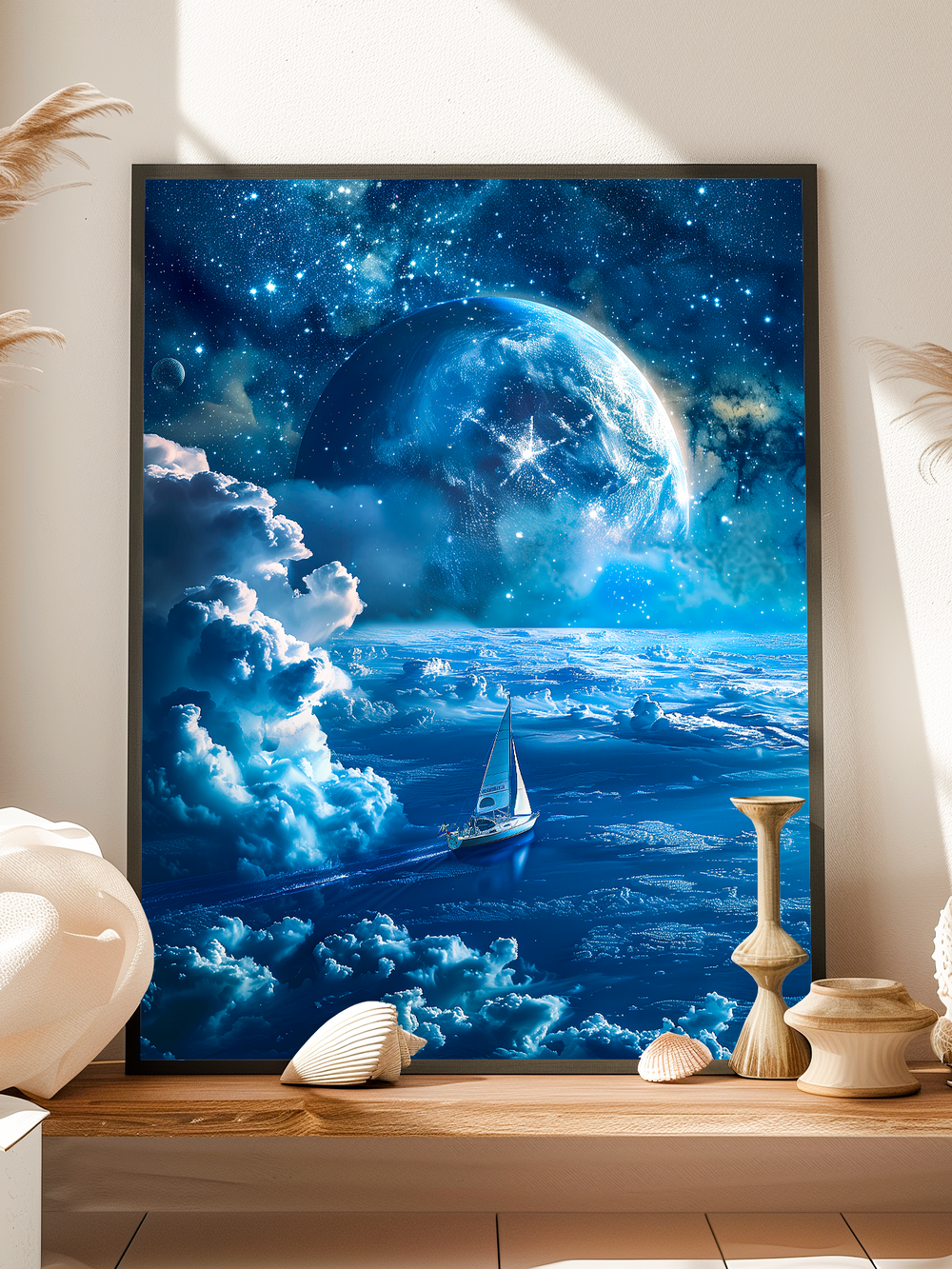 Framed surreal sailing poster featuring a sailboat drifting through a dreamy blue ocean beneath a massive glowing planet and starry sky, placed in a cozy coastal-style room with natural wood, soft textiles, and sea-themed decor like shells and vases. The artwork blends cosmic wonder with tranquil interior aesthetics, perfect for modern homes with a nautical or imaginative theme.