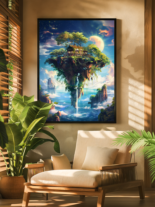 Framed fantasy poster featuring a lush floating island with a treehouse and waterfalls, displayed in a sunlit modern living room with indoor plants and wooden furniture.